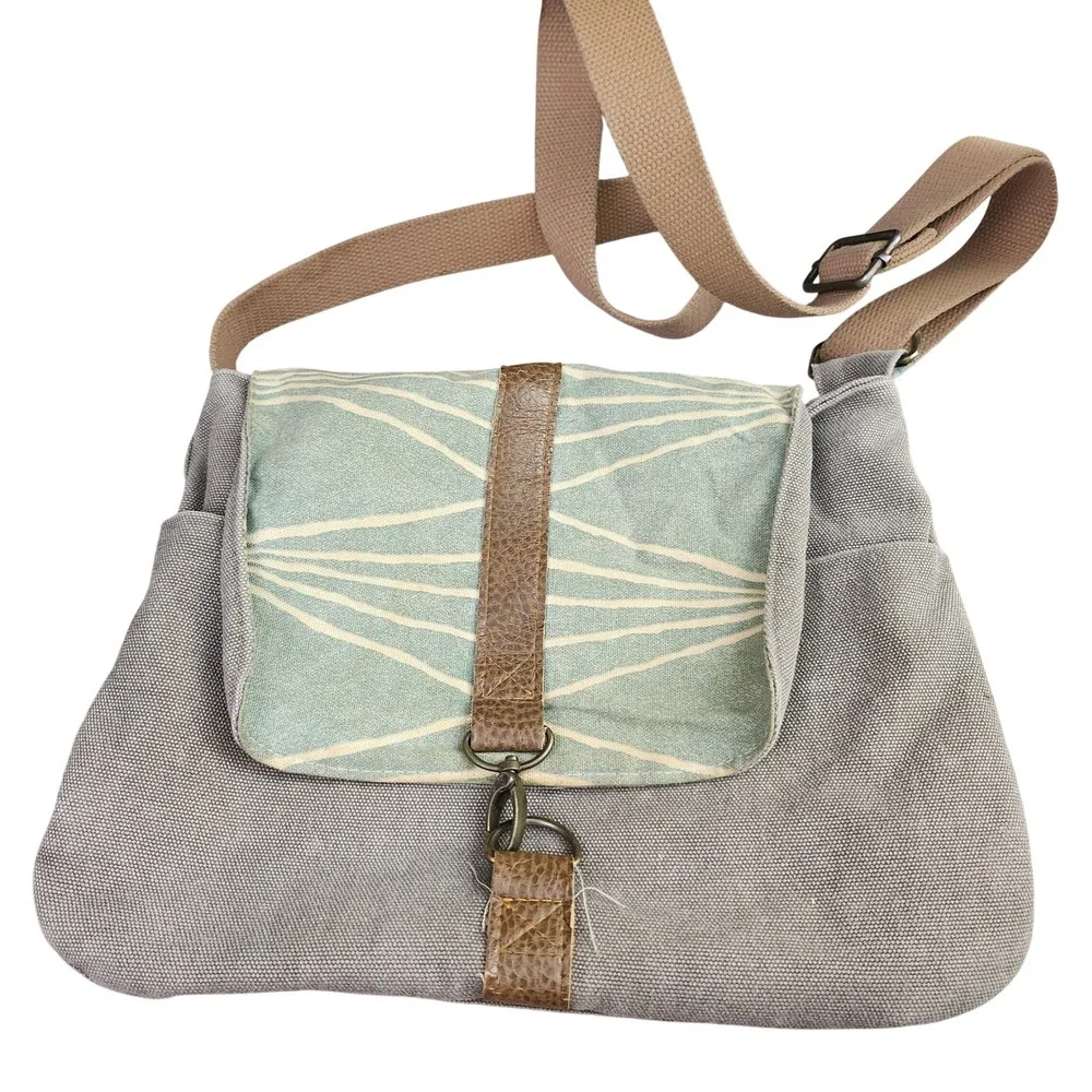 Atlas Post Canvas Messenger Bag Grey Blue Geometric Flap Crossbody Satchel Boho
